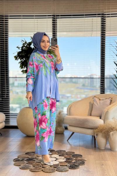 24TK567 Büyük Çiçek Desenli Takım Mavi