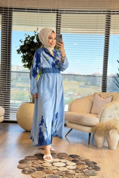 24TN462 Menekşe Desenli Önden Düğmeli Elbise İndigo