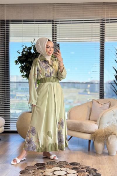 24TN462 Menekşe Desenli Önden Düğmeli Elbise Haki