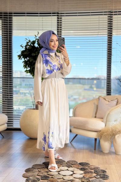 24TN462 Menekşe Desenli Önden Düğmeli Elbise Bej