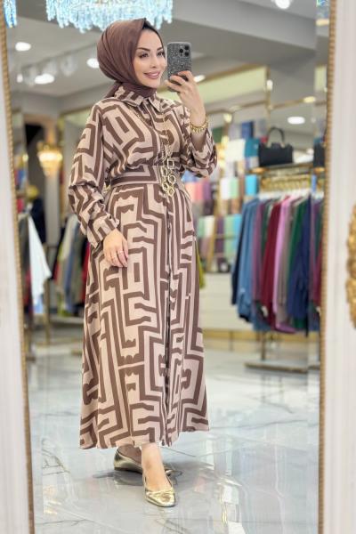 24TN480 Geometrik Desenli Ön Düğmeli Elbise Kahve