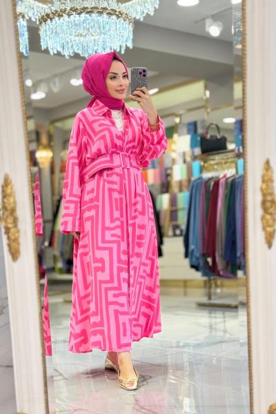 24TN480 Geometrik Desenli Ön Düğmeli Elbise Fuşya