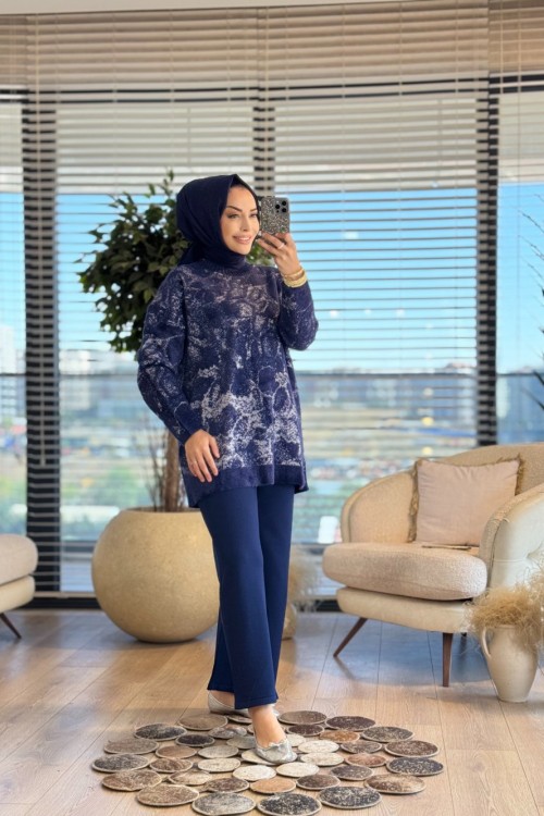25001 Varak Baskılı Angora Tunik Lacivert