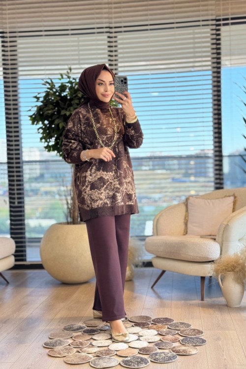 25001 Varak Baskılı Angora Tunik Kahve