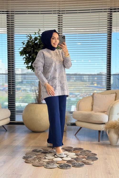 25001 Varak Baskılı Angora Tunik Gri