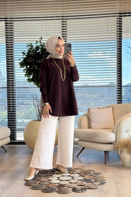25004 Eteği Oval Sıfır Yaka Triko Tunik Kahve