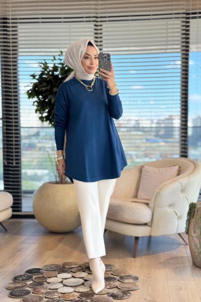 25004 Eteği Oval Sıfır Yaka Triko Tunik İndigo