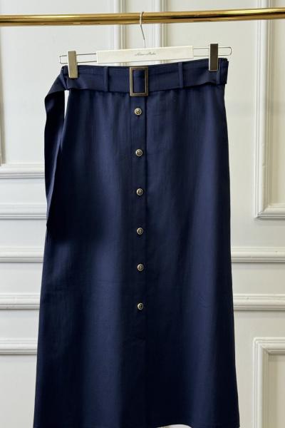 25004 Önü Düğmeli Kemerli Etek Lacivert