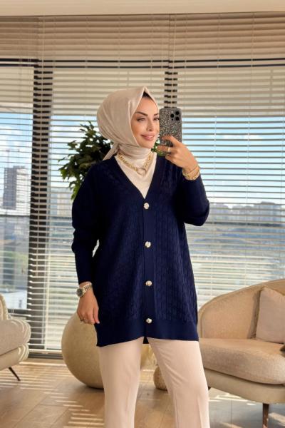 25006 Kendinden Kazyağı Desenli Hırka Lacivert