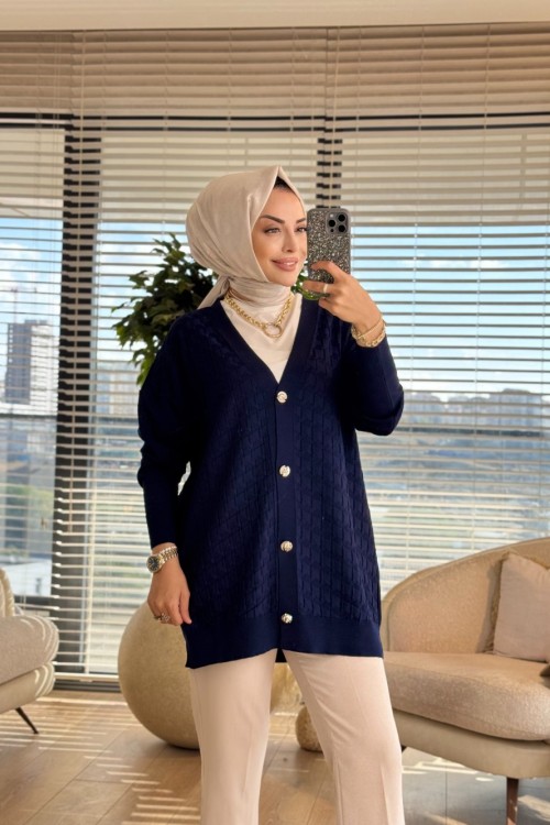 25006 Kendinden Kazyağı Desenli Hırka Lacivert