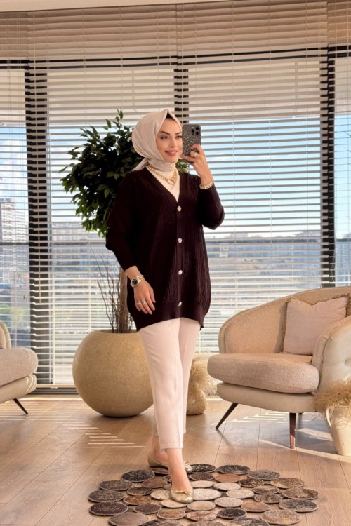 25006 Kendinden Kazyağı Desenli Hırka Kahve