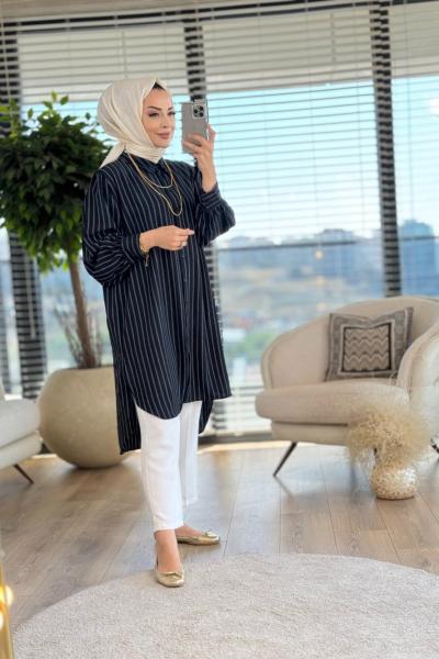2501 Çizgili Uzun Tunik Siyah