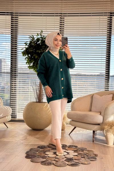 25014 Angora Metal Düğmeli V Yaka Hırka Zümrüt