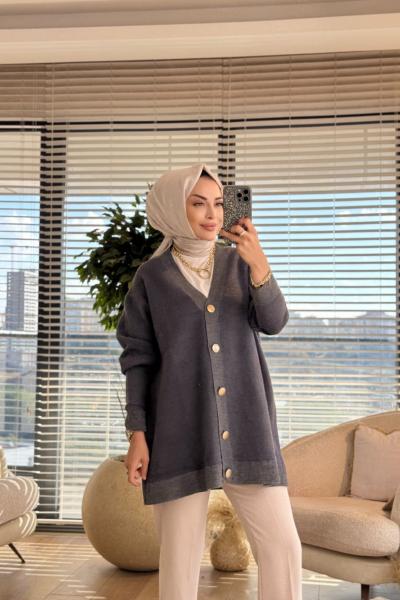 25014 Angora Metal Düğmeli V Yaka Hırka Antrasit