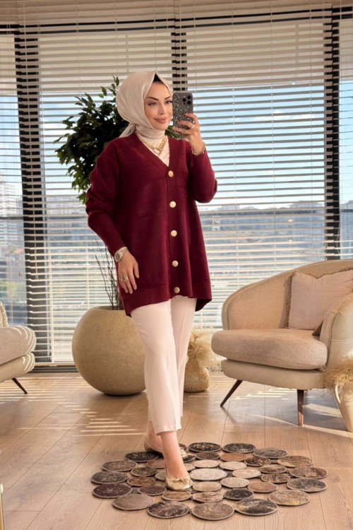 25014 Angora Metal Düğmeli V Yaka Hırka Bordo