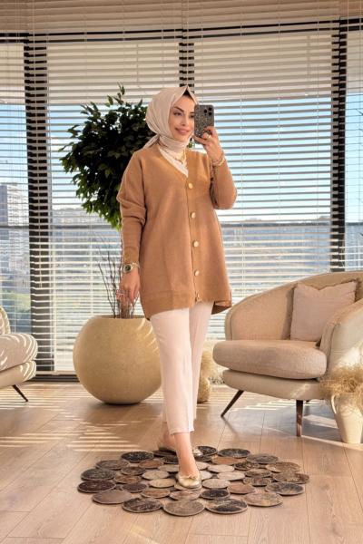 25014 Angora Metal Düğmeli V Yaka Hırka Camel
