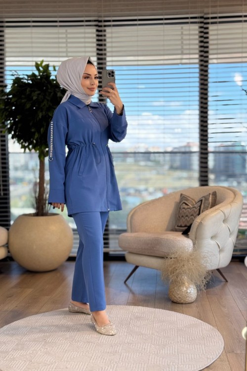 25015 Kolu İncili Fermuarlı Takım İndigo