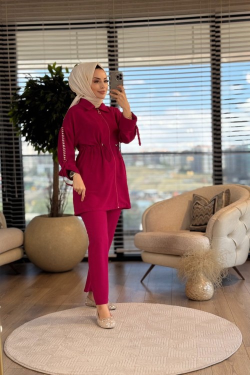 25015 Kolu İncili Fermuarlı Takım Fuşya