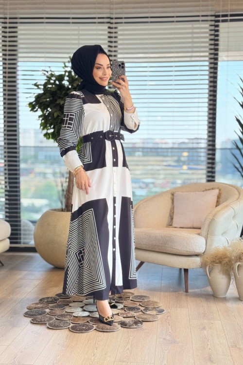 2502 Geometrik Desenli Elbise Siyah