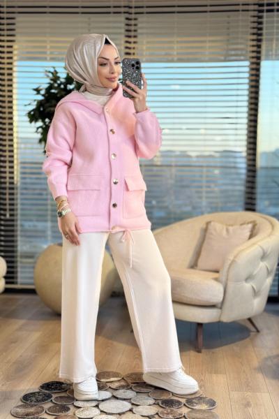 2502 Saçak Kapşonlu Çıtçıtlı Hırka Pembe