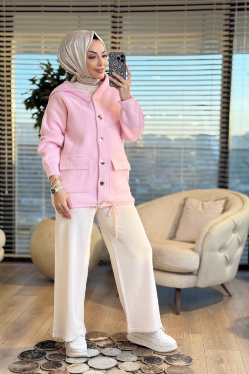 2502 Saçak Kapşonlu Çıtçıtlı Hırka Pembe