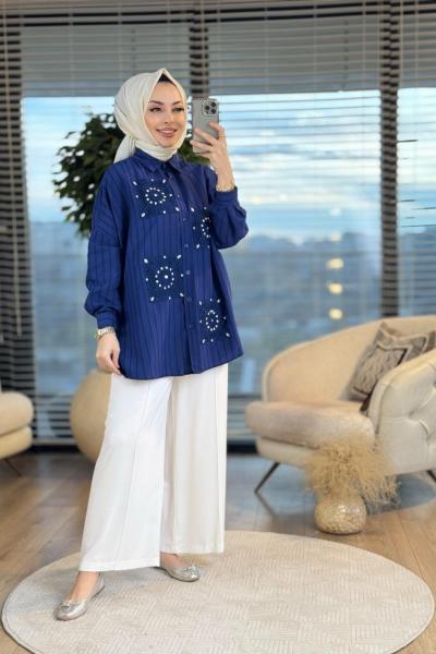 2502006 Ön Dantel Parça Üstü Taş İşli Gömlek Lacivert
