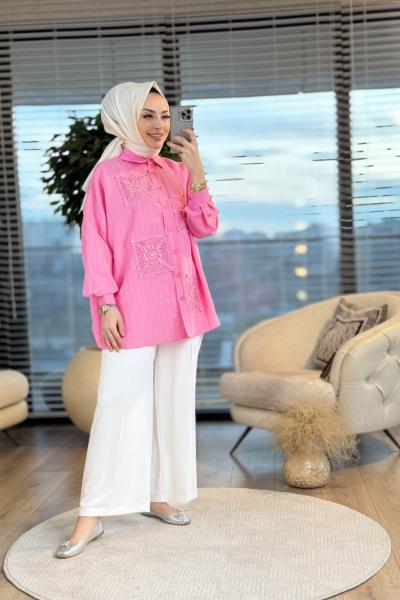 2502006 Ön Dantel Parça Üstü Taş İşli Gömlek Pembe