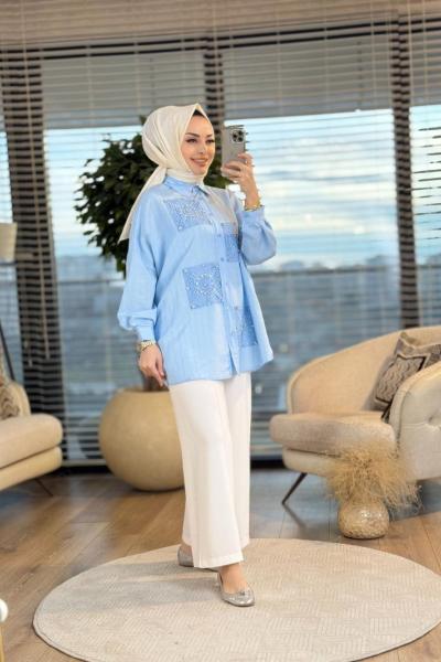 2502006 Ön Dantel Parça Üstü Taş İşli Gömlek Mavi