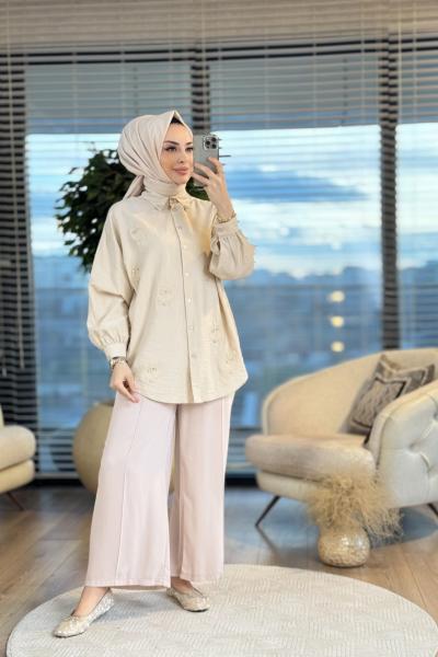 2502008 Seul Kalp Desen Nakışlı Gömlek Bej