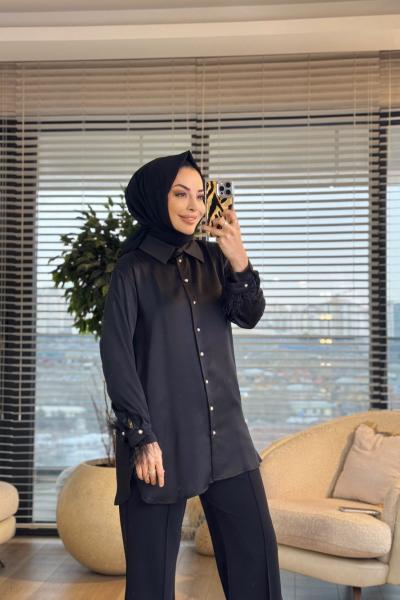 25028 Manşeti Tüy Detaylı Gömlek Siyah