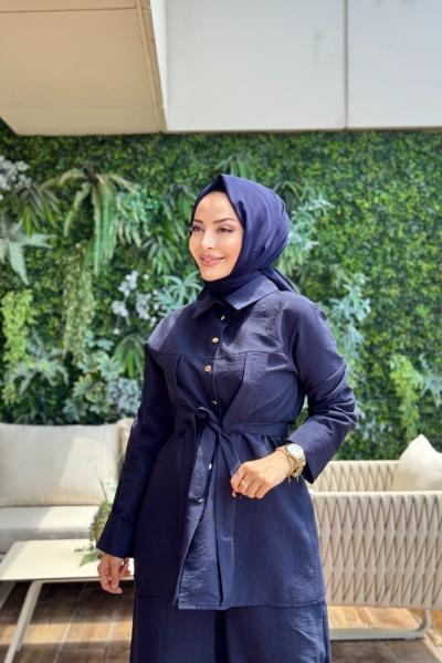 250337 Beli Kuşaklı Şık Pantolonlu Takım Lacivert