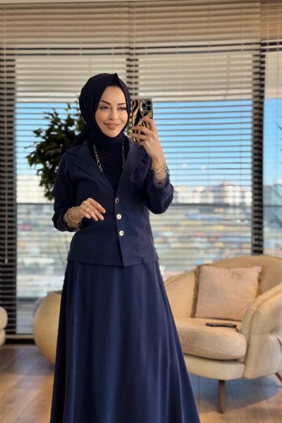 250359 Dantel İşlemeli Modern Takım Lacivert