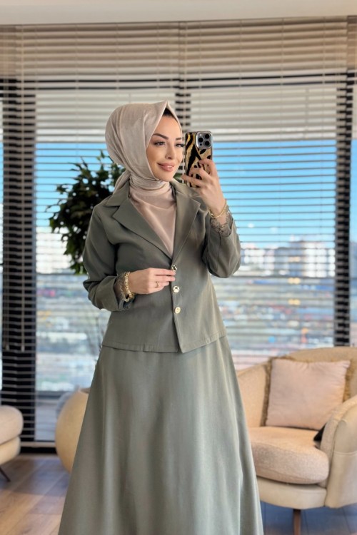 250359 Dantel İşlemeli Modern Takım Haki