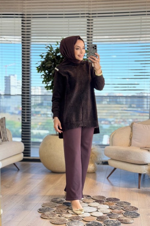 25036 Angora Omuzları Taşlı Tunik Kahve