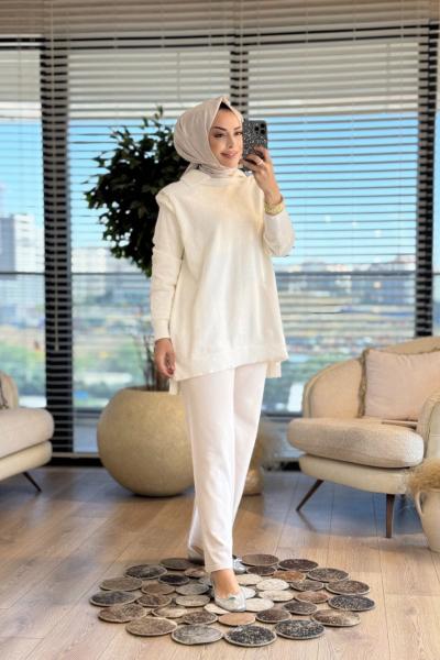 25036 Angora Omuzları Taşlı Tunik Ekru