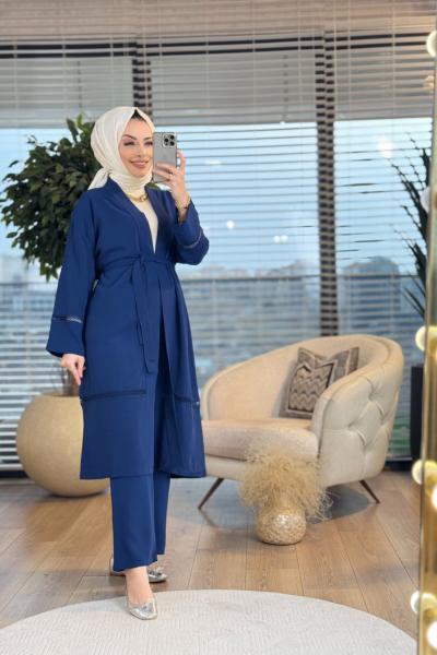 2504 Dantel Şerit Detaylı Kimono Takım Lacivert