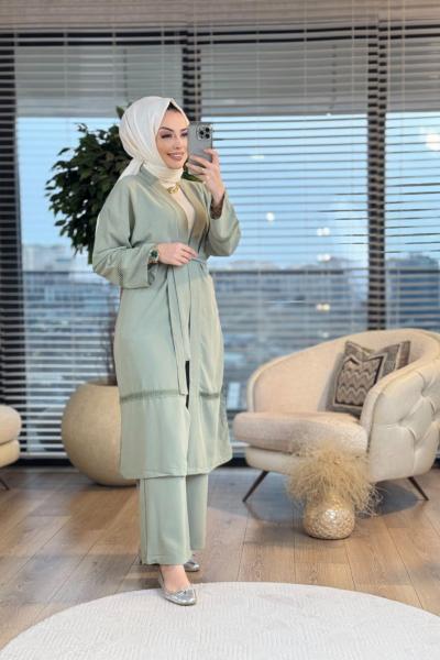 2504 Dantel Şerit Detaylı Kimono Takım Haki