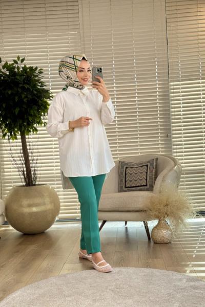 2506 Kendinden Çizgili Gömlek Ekru