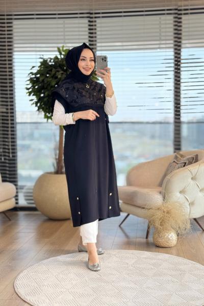 2506 Omuzları Dantelli Uzun Yelek Siyah