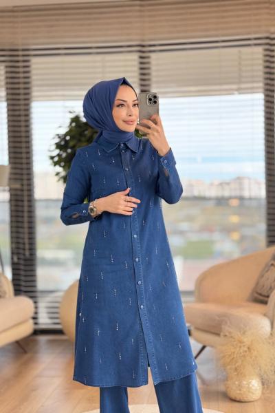 2506 Tencel Önü Serpme Taşlı Tunik Lacivert