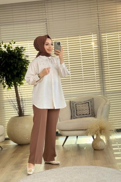 2507 Taş Ve İnci İşlemeli Keten Gömlek Bej