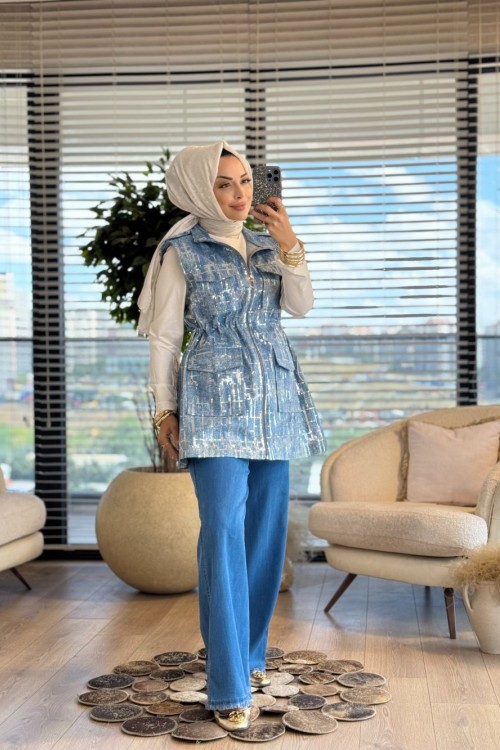 25075 Kot Üstü Pul İşlemeli Yelek Mavi