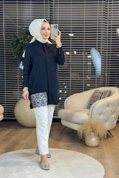 2508 Kol Ve Etek Ucu Dantelli Gömlek Siyah