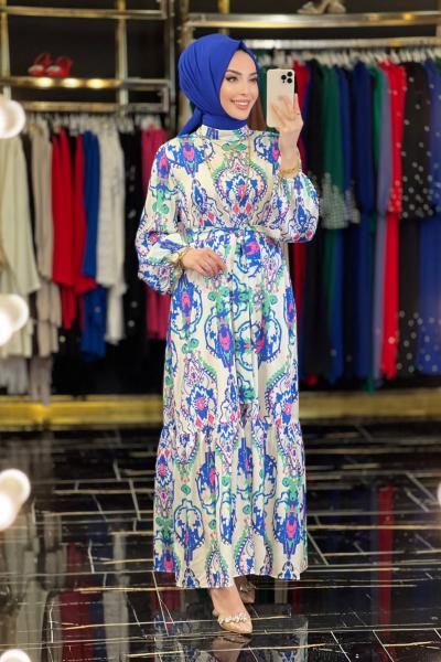 25092 Saten Motif Desen Elbise Ekru Benetton