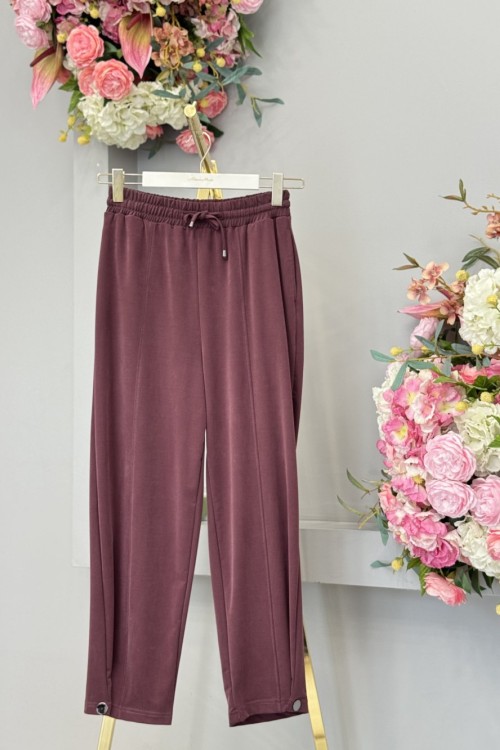 25097 Paçası Çıtçıtlı Pantolon Bordo