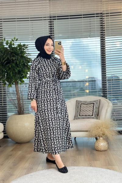 25100 Zincir Desenli Elbise Siyah