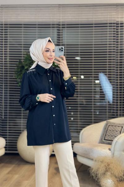 2511 Omuzları Taş Ve Zincir Detaylı Gömlek Siyah