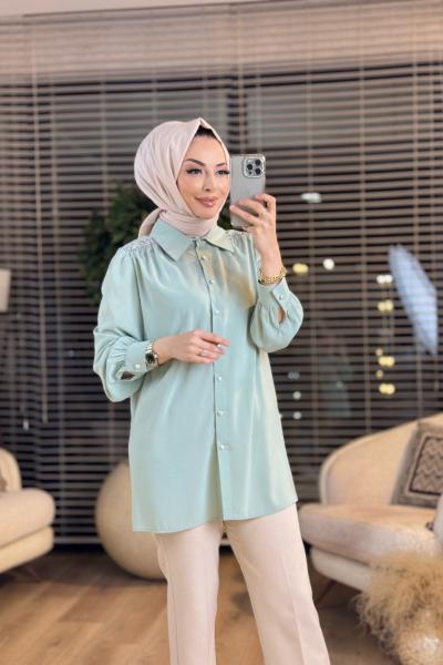 2511 Omuzları Taş Ve Zincir Detaylı Gömlek Çağla