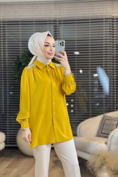 2511 Omuzları Taş Ve Zincir Detaylı Gömlek Hardal