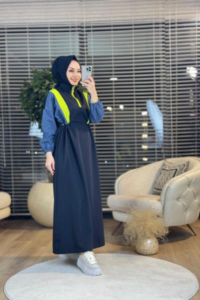 25111 Omuzlar Renkli Parçalı Elbise Siyah